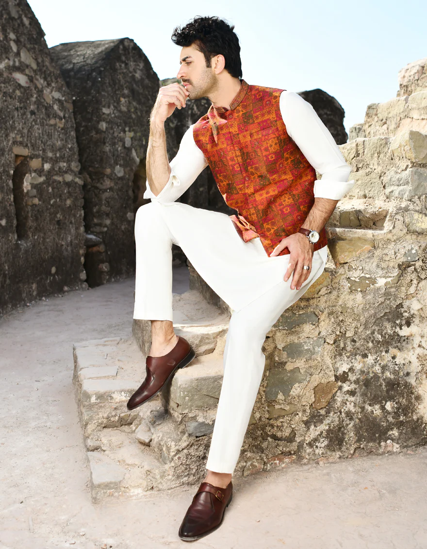 ORANGE MAROON WAISTCOAT | JJVC-US-44202/A23/JJ8488-FL