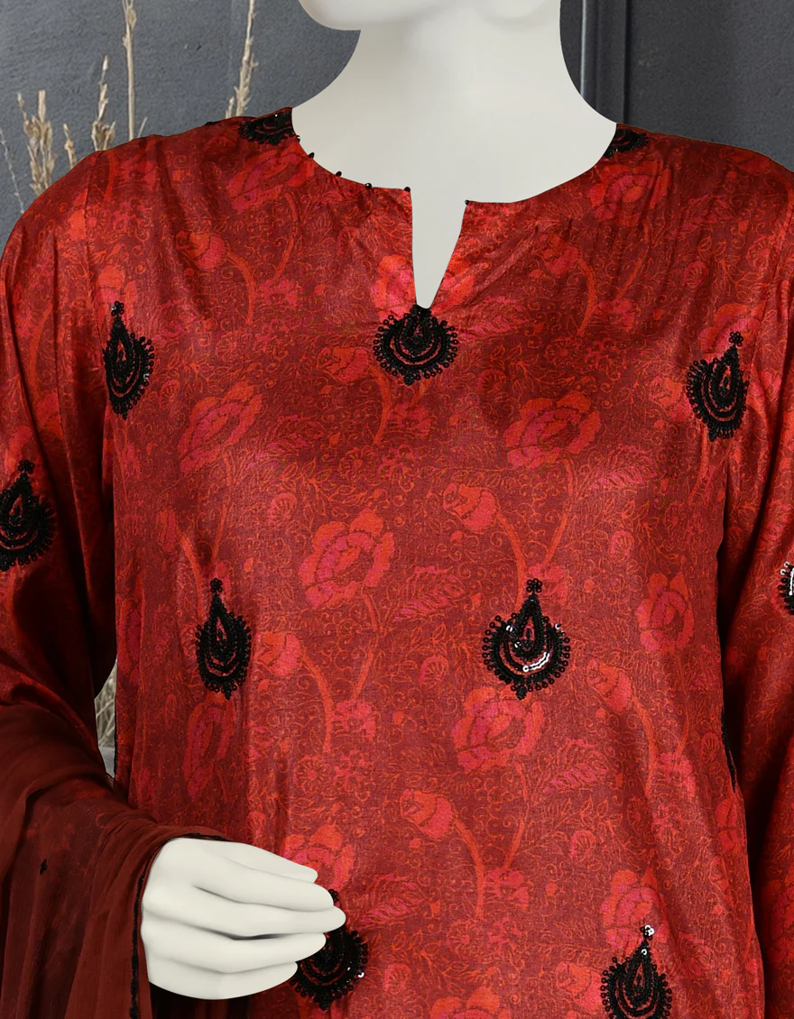 RED IMPURE SILK 3PC STITCHED | JLAWN-S-24-084/S DHA - Image 3