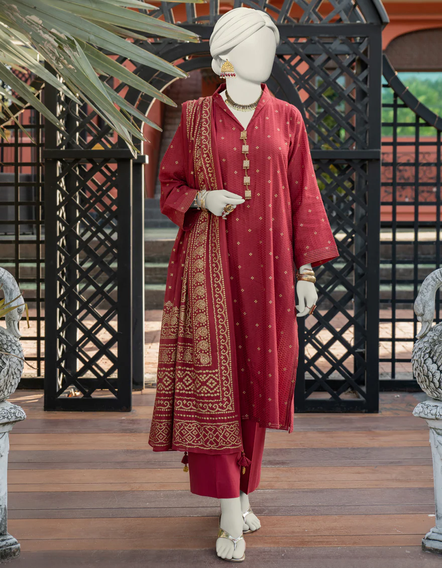 RED JACQUARD 3PC UNSTITCHED | JLAWN-S-24-275 ROYAL