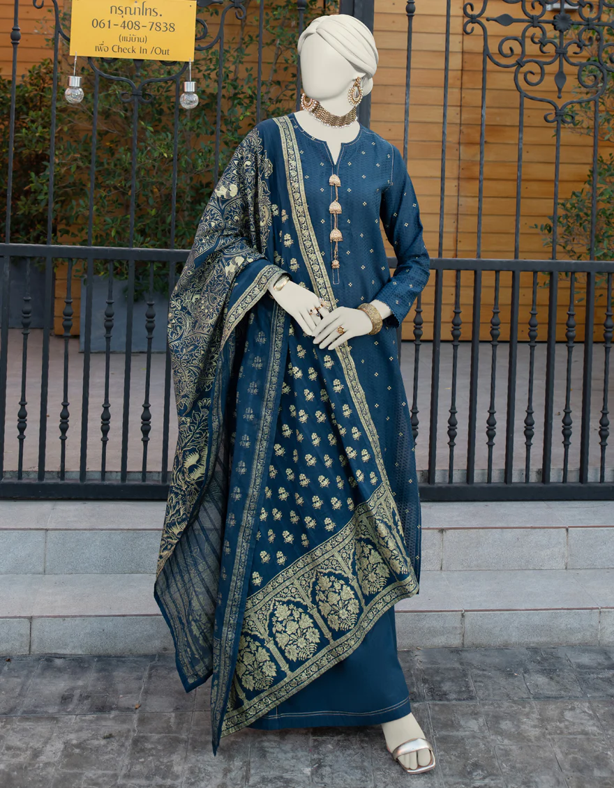 BLUE JACQUARD 3PC UNSTITCHED | JLAWN-S-24-281 ROYAL