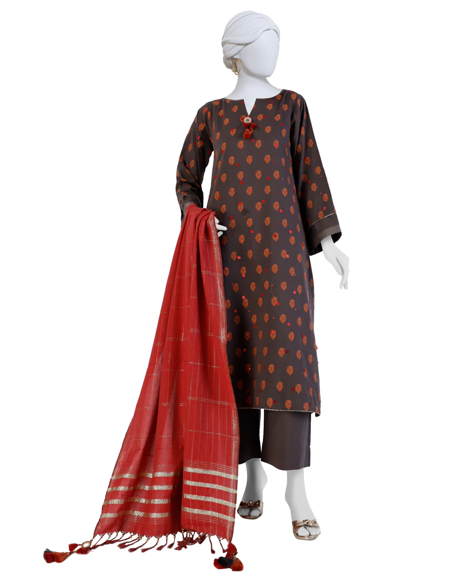 BROWN JACQUARD 3PC UNSTITCHED | JLAWN-S-24-294 ZAMUR