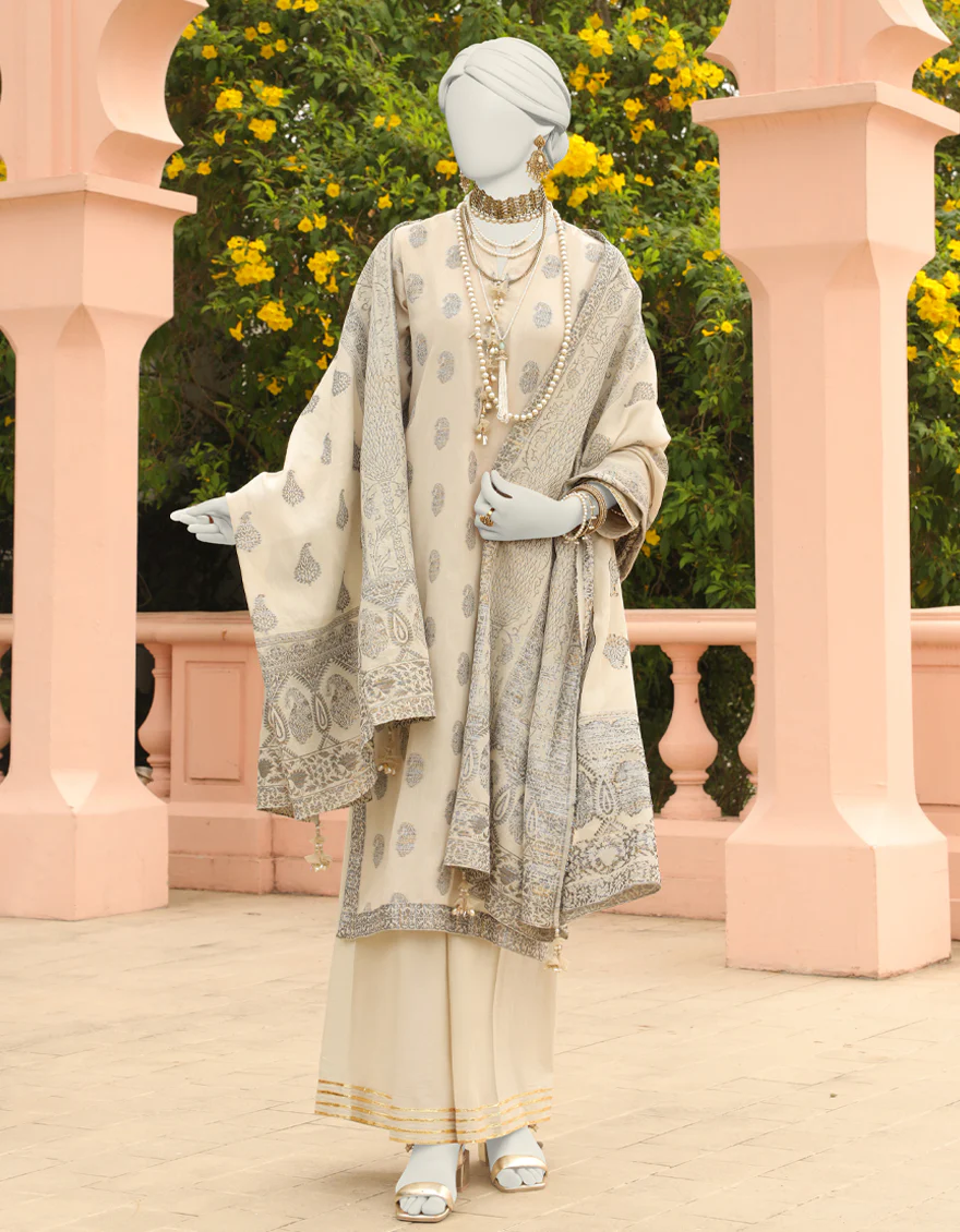 WHITE JACQUARD 3PC UNSTITCHED | JLAWN-S-24-341 RIWAY