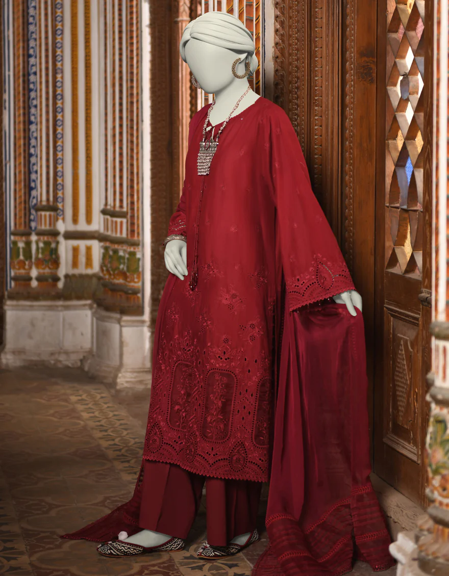 MAROON ORGANZA 3PC STITCHED | JLAWN-S-25-044/S SCHIFFLI-2