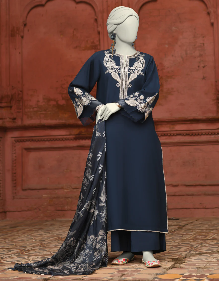 BLUE LAWN 3PC STITCHED | JLAWN-S-25-063/S CHIKAN KARI-03