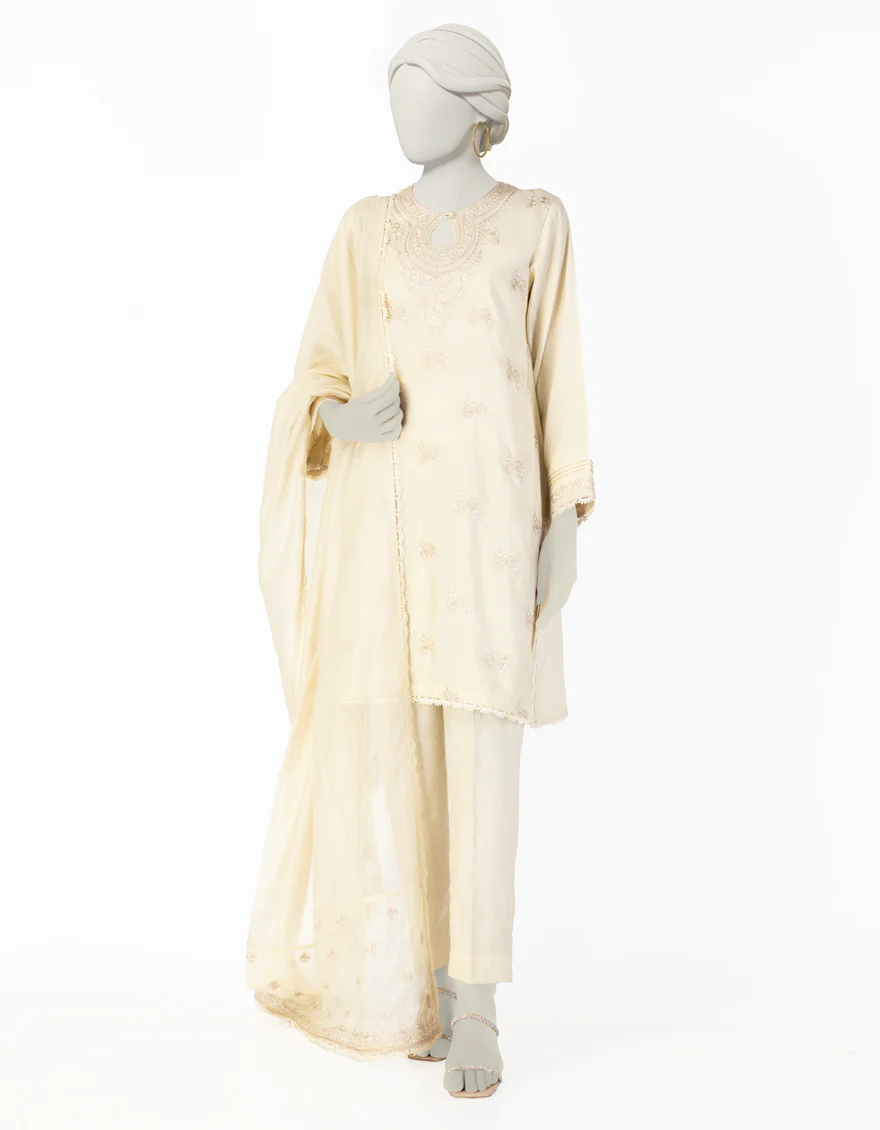 BEIGE COTTON SILK 3PC STITCHED | JLAWN-S-25-090/S GRA