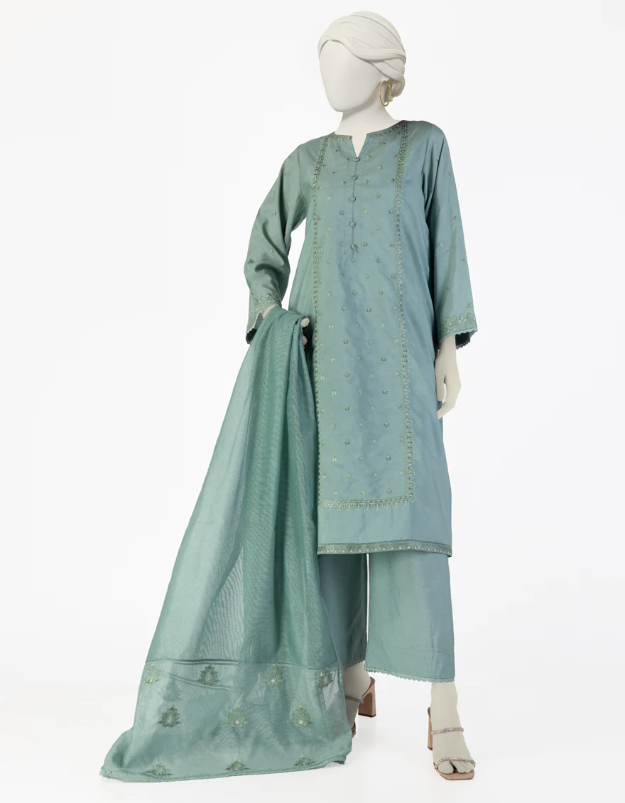 GREEN COTTON SILK 3PC STITCHED | JLAWN-S-25-091/S GRA