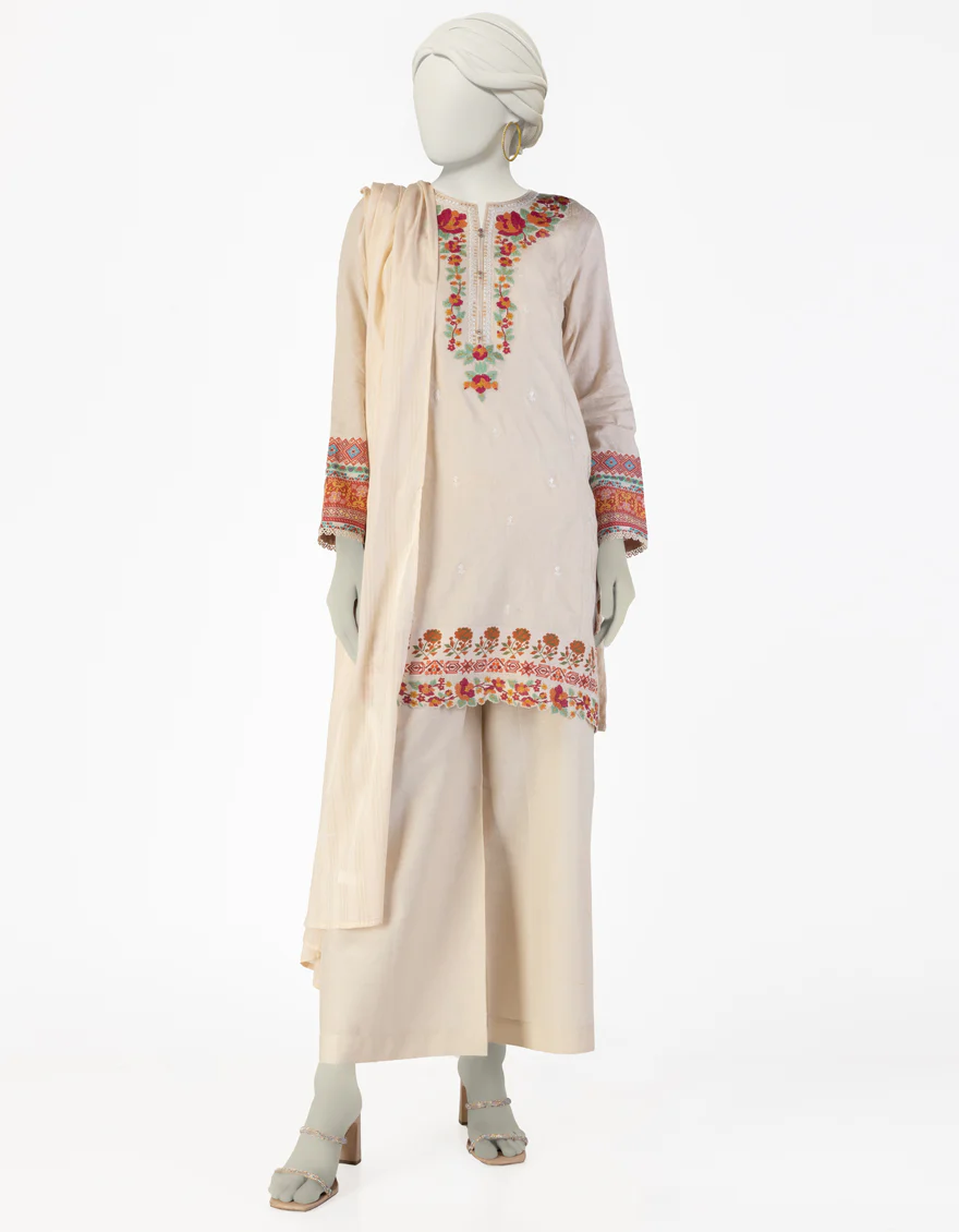 BEIGE DOBBY 3PC STITCHED | JLAWN-S-25-115/S CRO