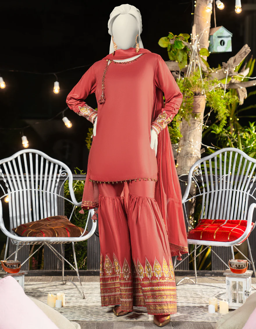 PEACH SILK 3PC STITCHED | JLAWN-S-25-178/S SHI