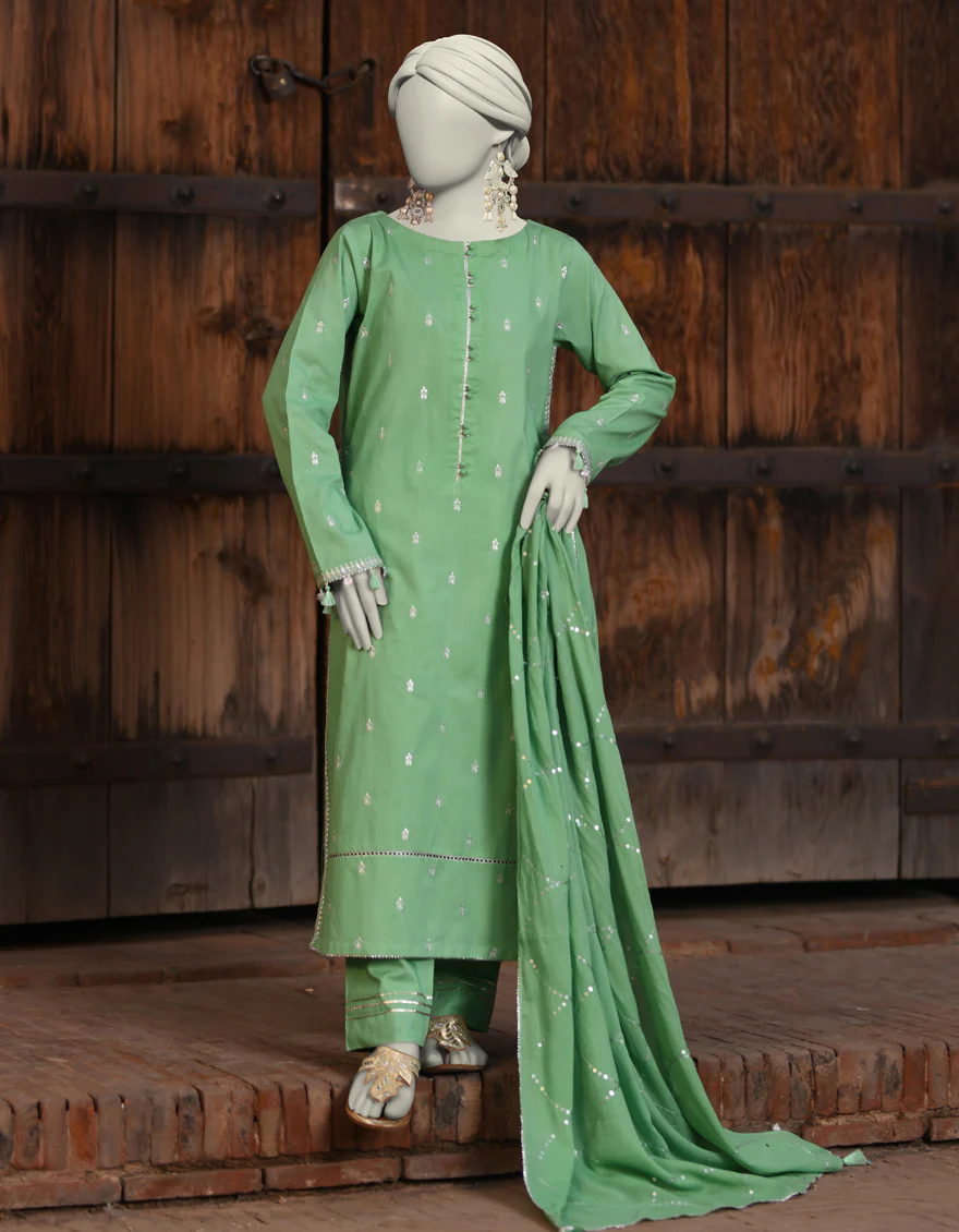 GREEN LAWN 3PC UNSTITCHED | JLAWN-S-25-3171 NEEDLE WORK-3