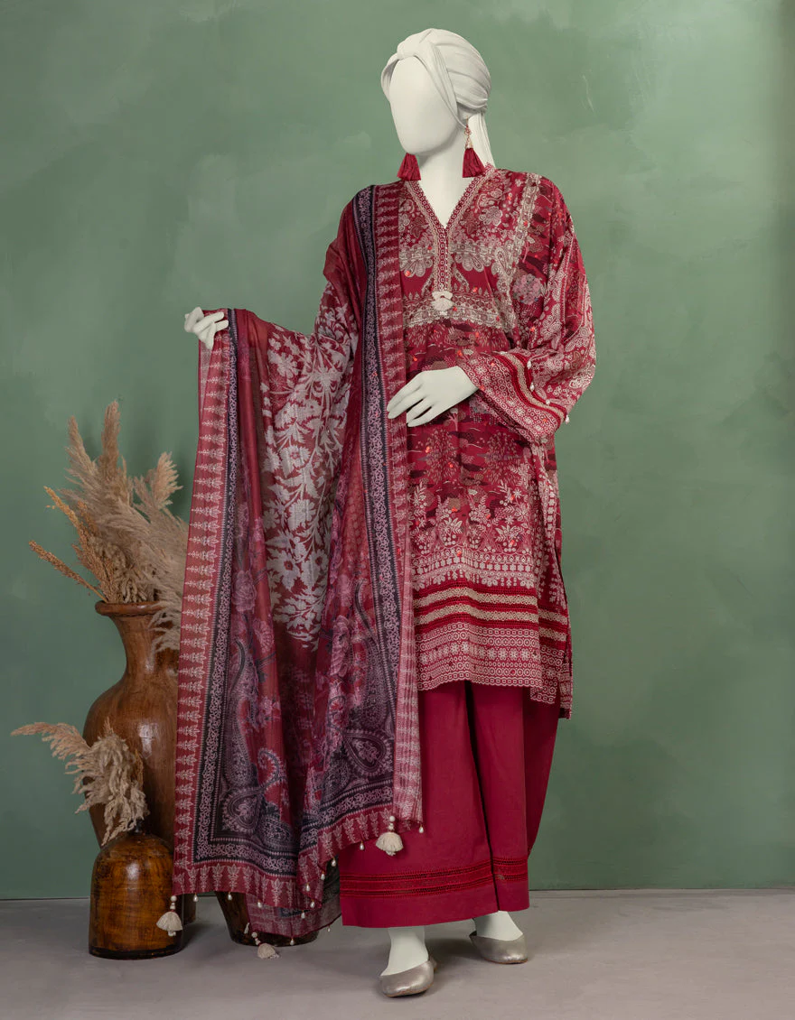 RED LAWN 3PC UNSTITCHED | JLAWN-S-25-3367 SHIK