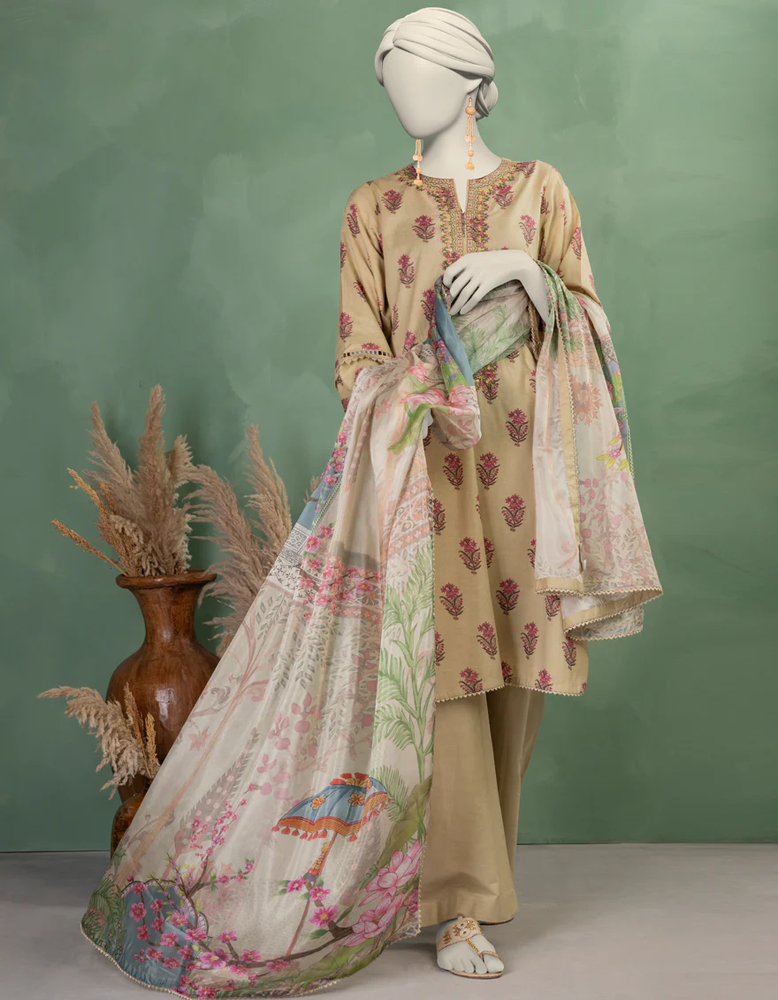 BEIGE LAWN 3PC UNSTITCHED | JLAWN-S-25-907 MUGHA
