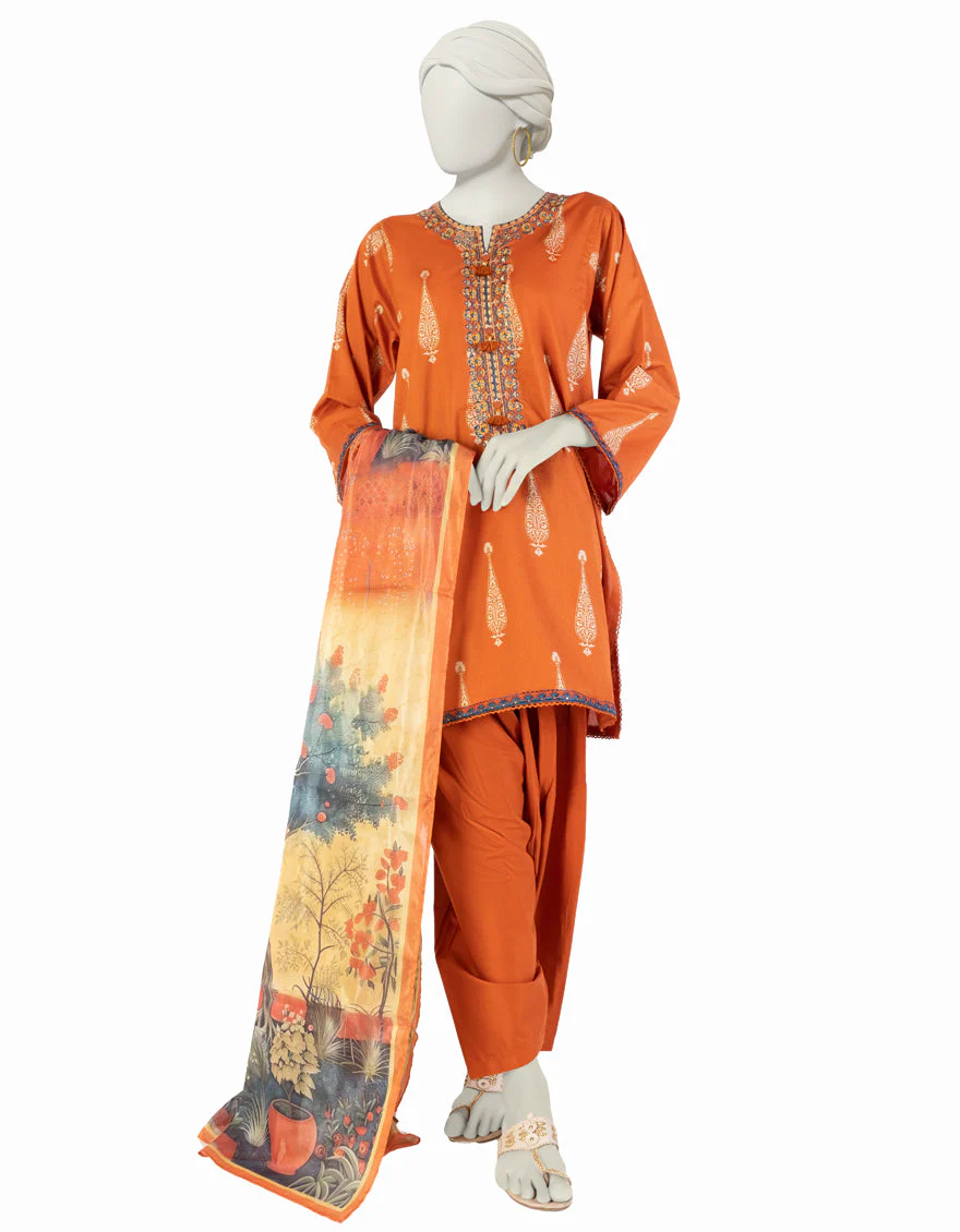 ORANGE LAWN 3PC UNSTITCHED | JLAWN-S-25-908 MUGHA