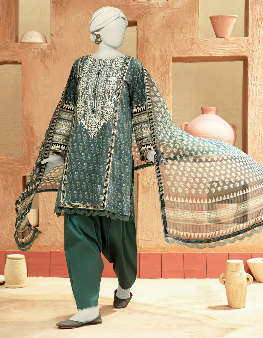 GREEN LAWN 3PC UNSTITCHED | JLAWN-S-25-914 AJRAK