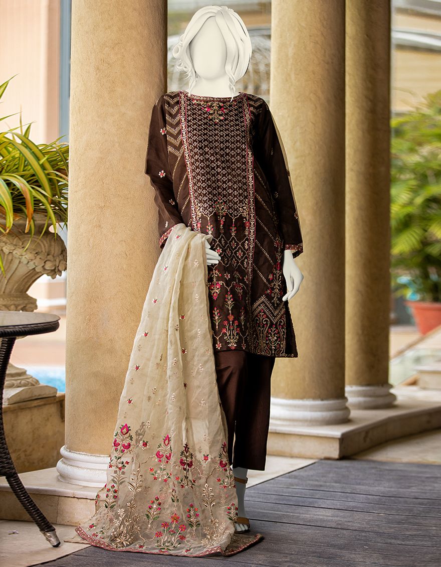 BROWN ORGANZA 3PC UNSTITCHED | JLAWN-S-JPUS-US-21-028 AJ-001