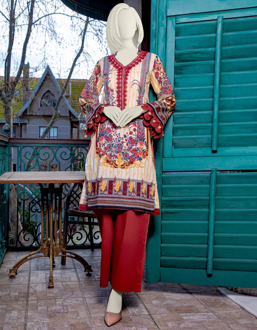 BEIGE MAROON LAWN 2PC UNSTITCHED | JLAWN-S-JST-US-21-1613 CEDAR