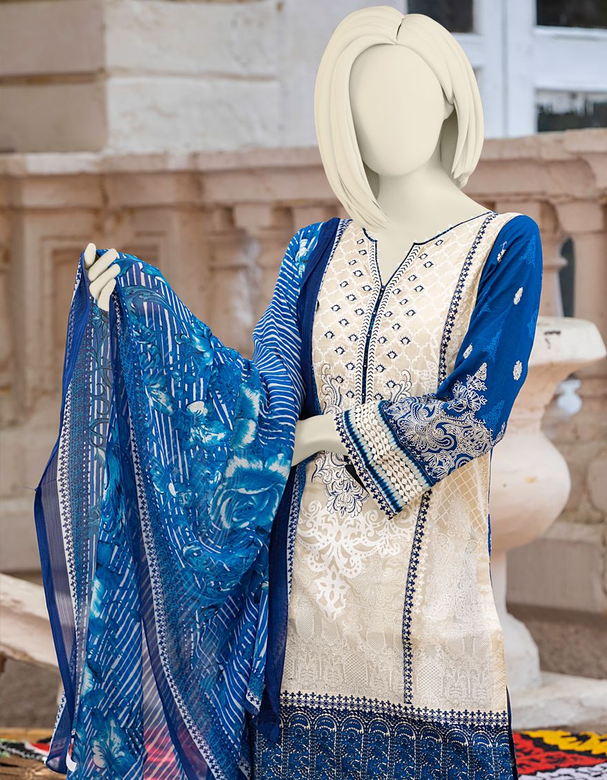 WHITE-BLUE LAWN 3PC UNSTITCHED | JLAWN-S-US-21-212 PURITY