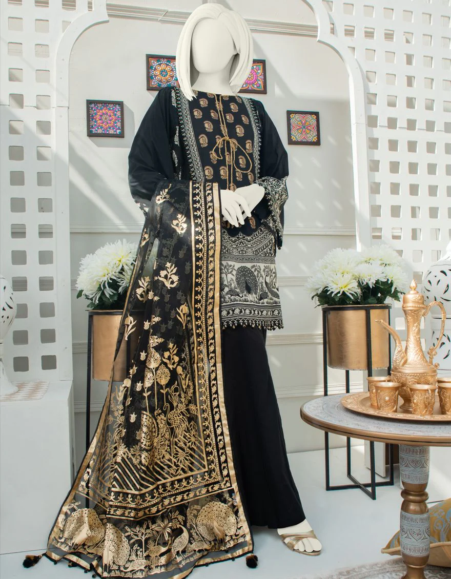 BLACK LAWN 3PC UNSTITCHED | JLAWN-S-US-21-228 QAREENY
