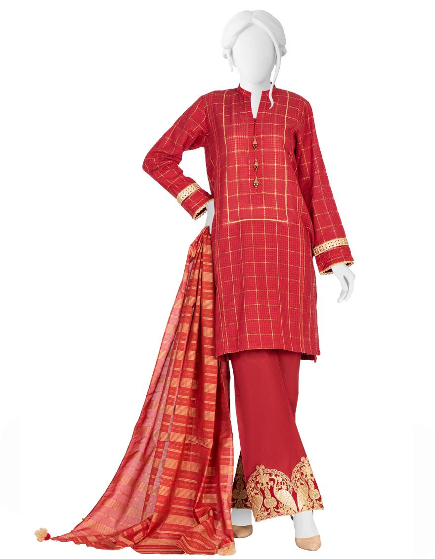 RED LAWN 3PC UNSTITCHED | JLAWN-S-US-21-235 MEIRA