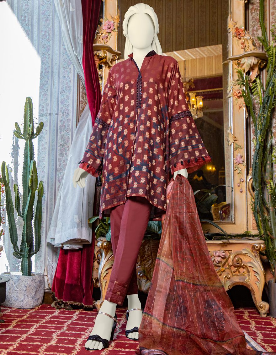 MAROON LAWN 3PC UNSTITCHED | JLAWN-S-US-21-247 BIR