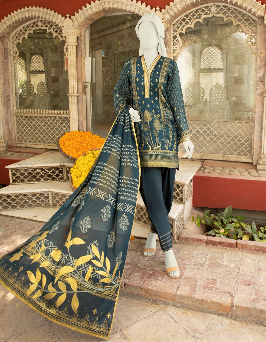 TEAL BLUE LAWN 3PC UNSTITCHED | JLAWN-S-US-21-298 LOUISE