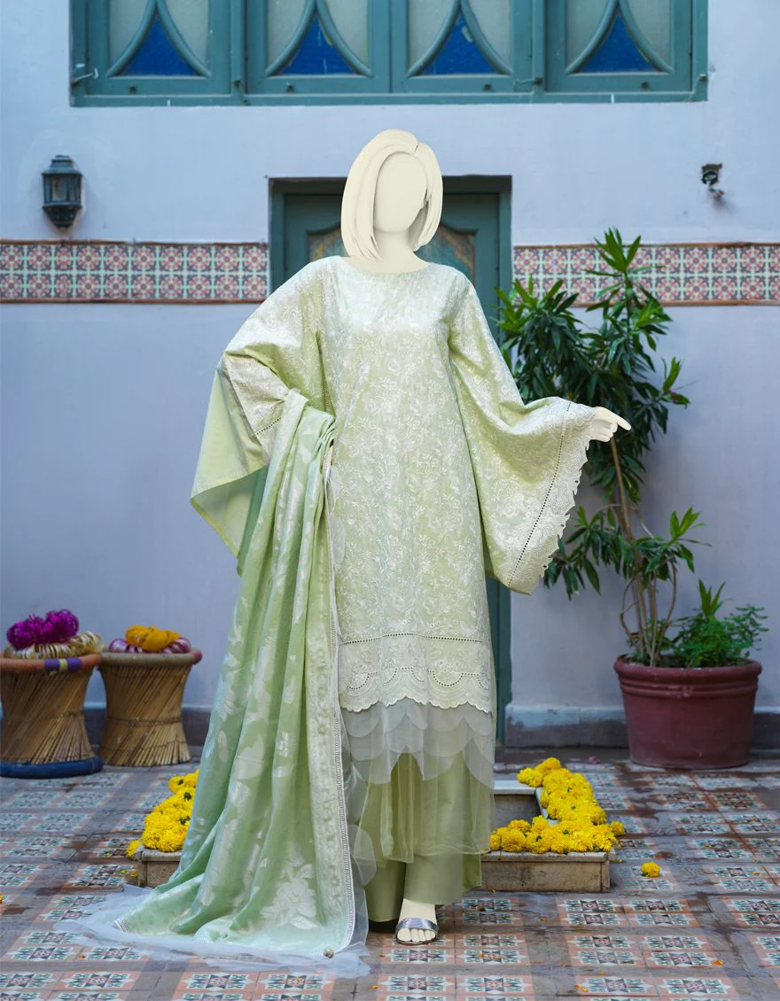PISTACHIO GREEN LAWN 3PC UNSTITCHED | JLAWN-S-US-21-348 MERCI BEAUCOP