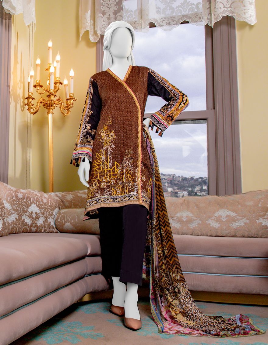 BROWN LAWN 3PC UNSTITCHED | JLAWN-S-US-21-734 STITCH