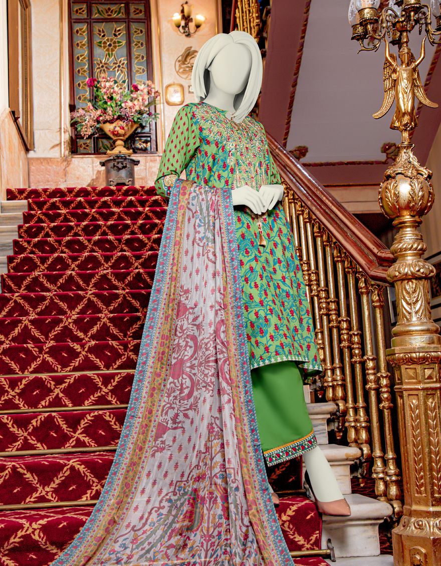 GREEN LAWN 3PC UNSTITCHED | JLAWN-S-US-21-750 MARDAKAN