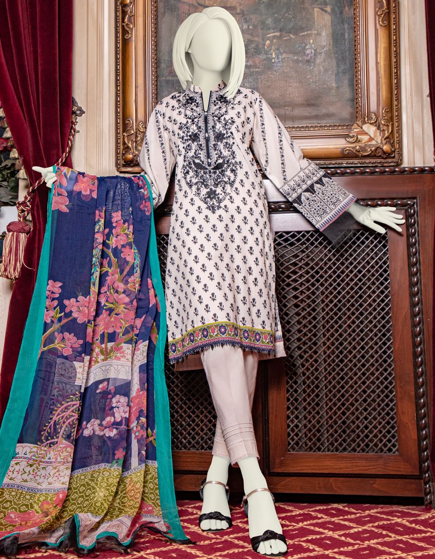BLACK-BEIGE LAWN 3PC UNSTITCHED | JLAWN-S-US-21-761/B HAVEN