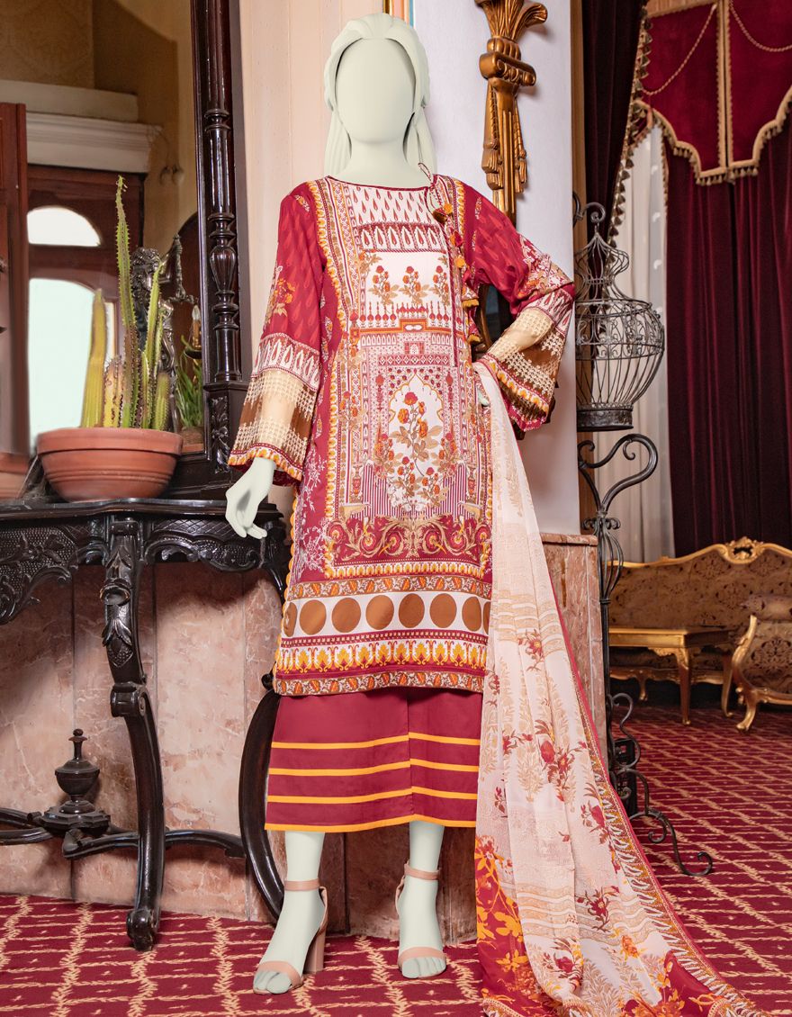 RED LAWN 3PC UNSTITCHED | JLAWN-S-US-21-762/B ELARA