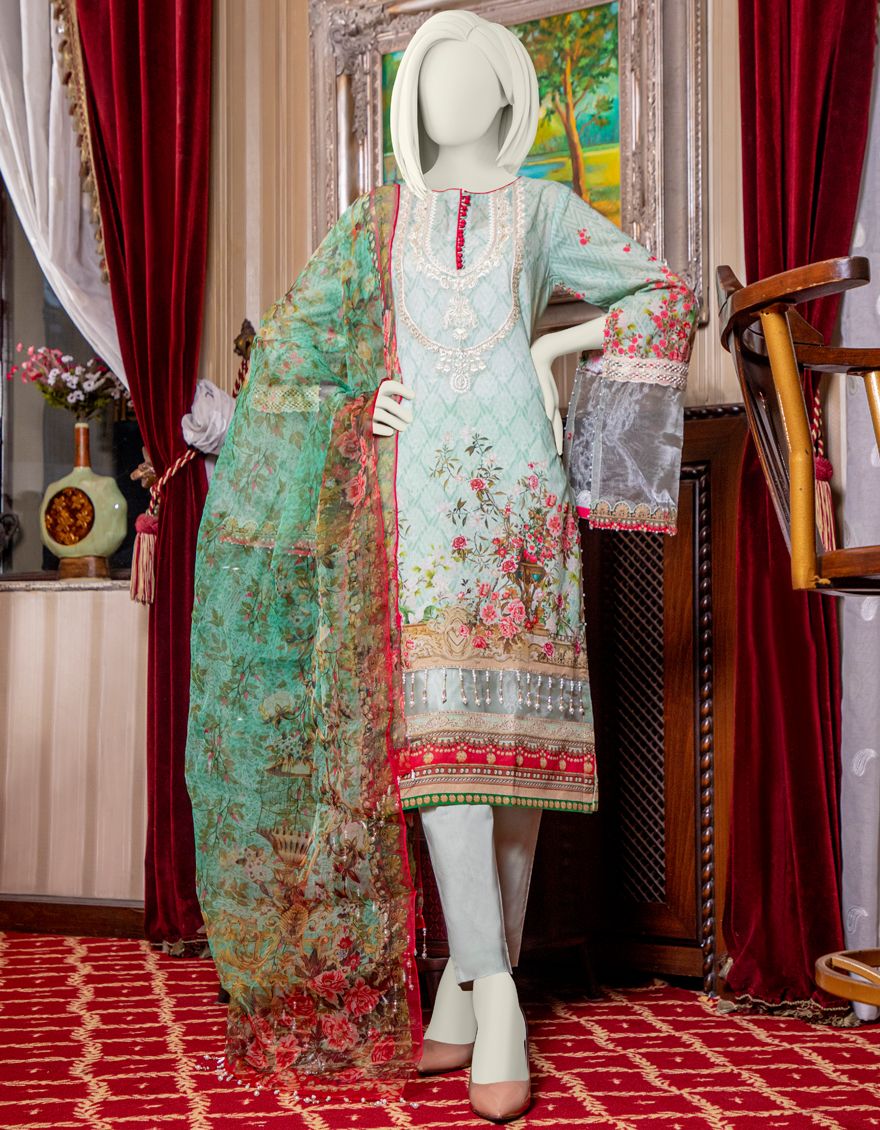 FEROZI GREEN LAWN 3PC UNSTITCHED | JLAWN-S-US-21-775 ICE BLUE