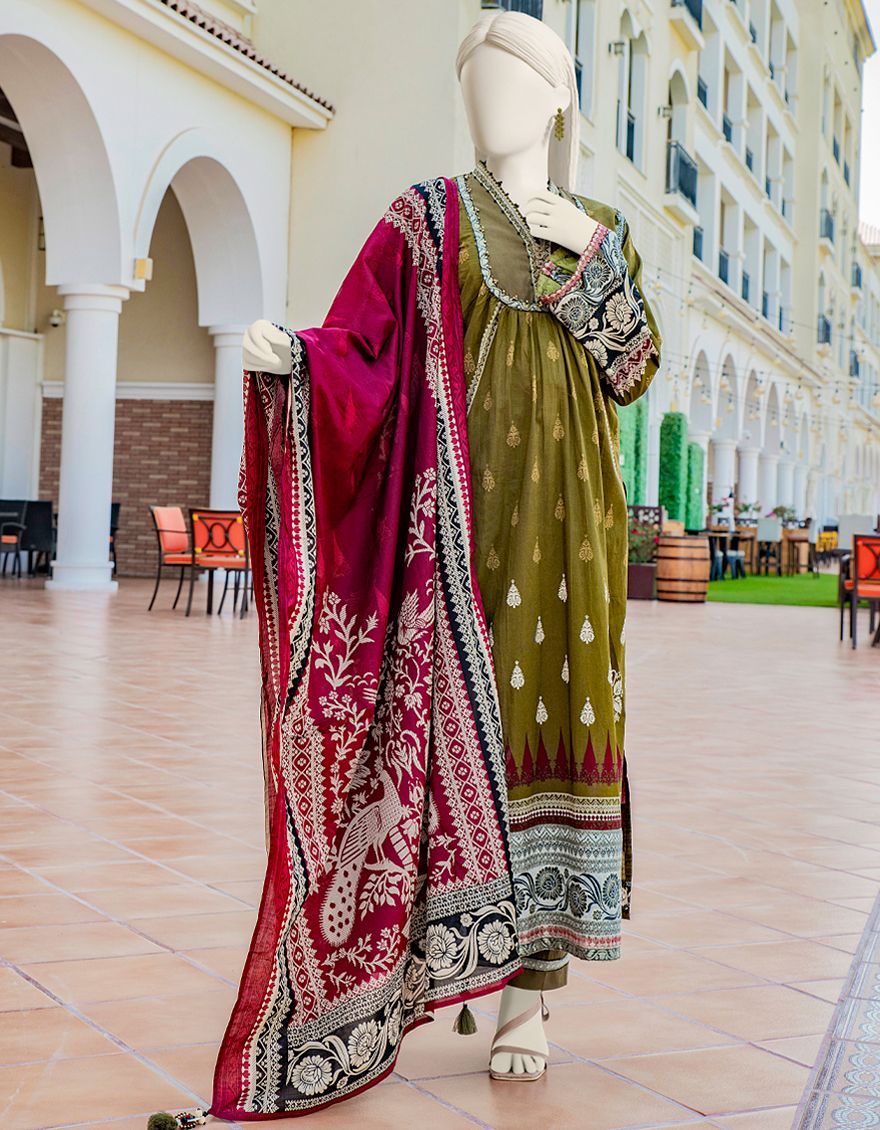 GREEN LAWN 3PC UNSTITCHED | JLAWN-S-US-22-017 BLOCK HERITAGE