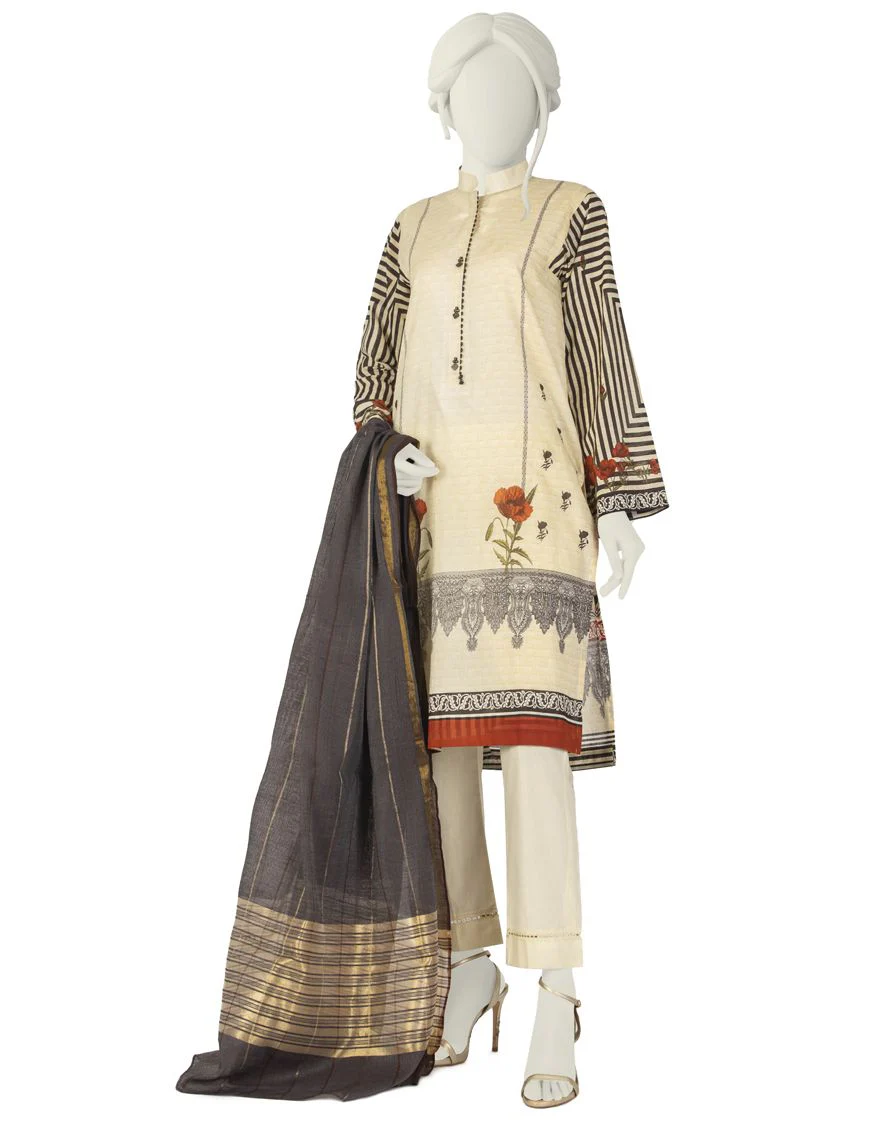CREAM LAWN 3PC STITCHED | JLAWN-S-US-22-025/S FLORAL GAUGE