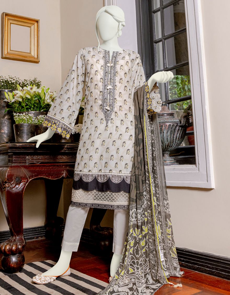 BLACK-OFF WHITE 3PC UNSTITCHED | JLAWN-S-US-22-061 TURLY ETHNIC
