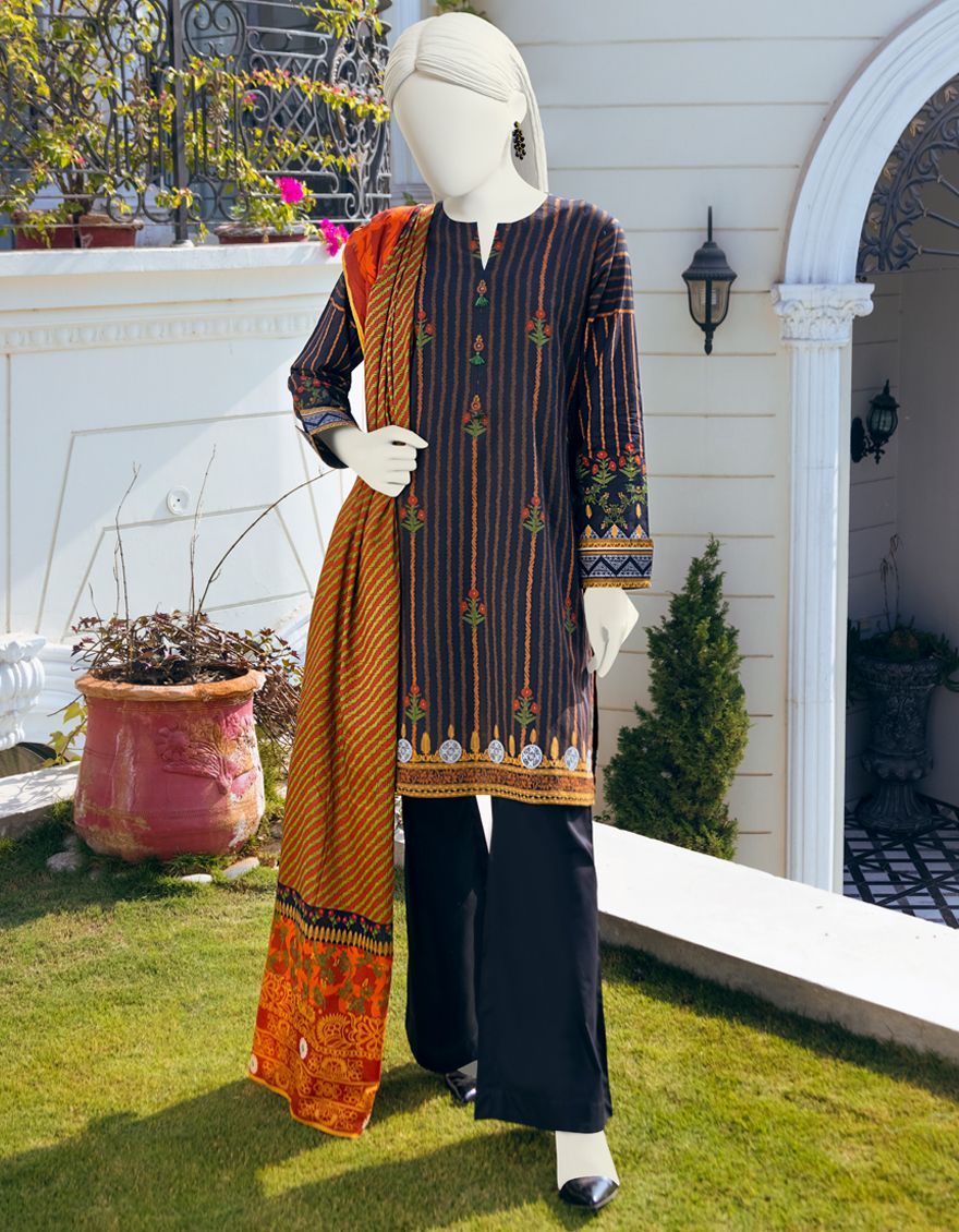BLACK-ORANGE LAWN 3PC UNSTITCHED | JLAWN-S-US-22-090 EBONY