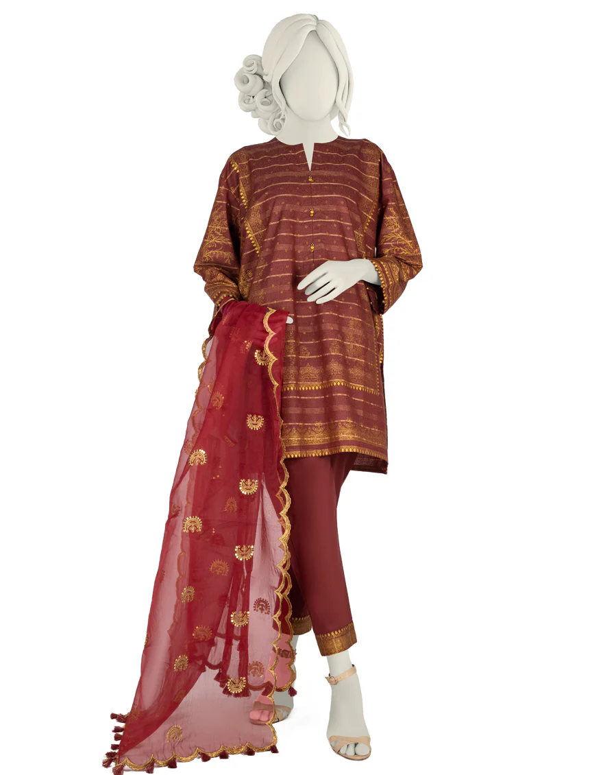 MAROON ZARI 3PC STITCHED | JLAWN-S-US-22-272/S INEJ