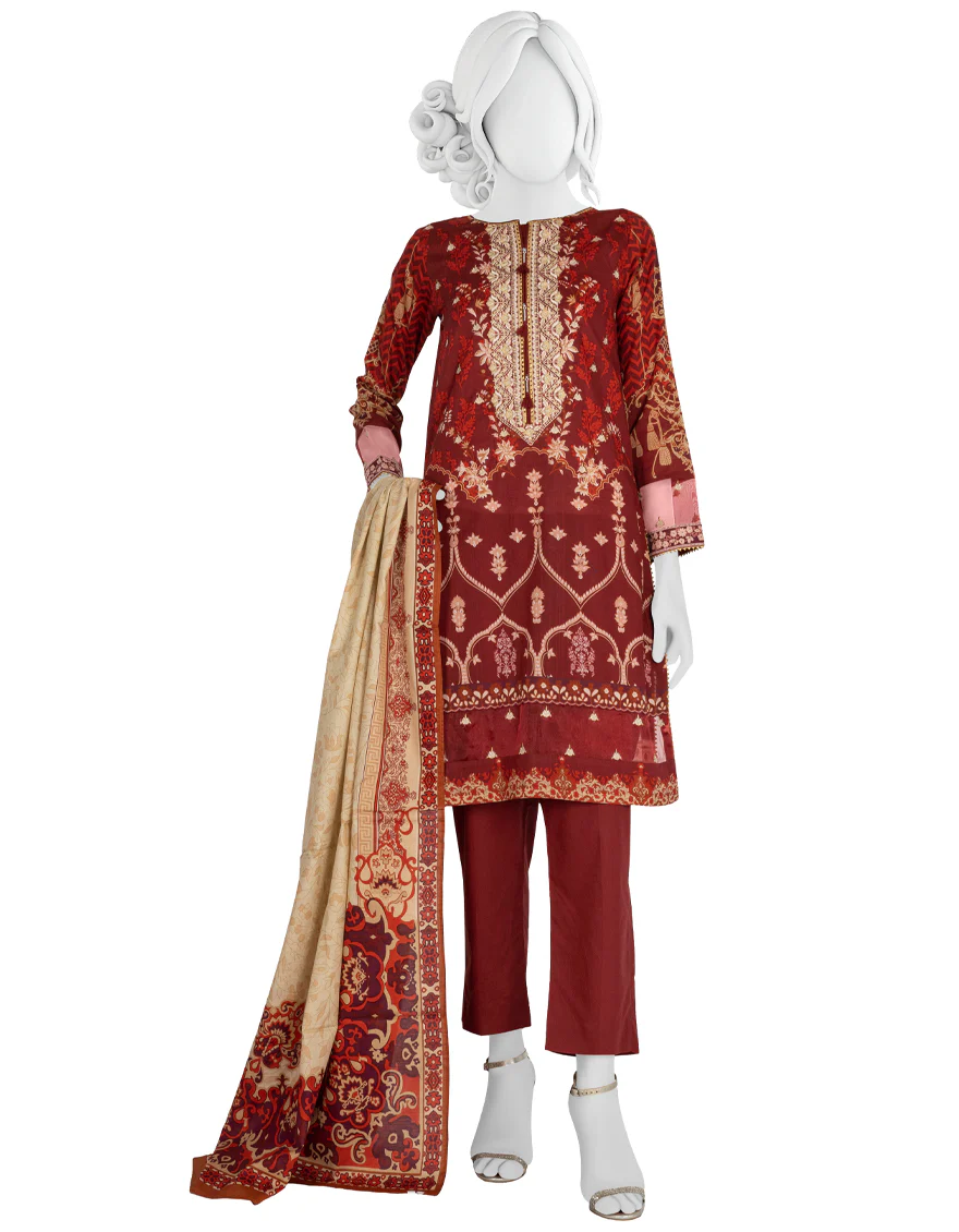 MAROON LAWN 3PC UNSTITCHED | JLAWN-S-US-22-281 MAROON (22-2005)
