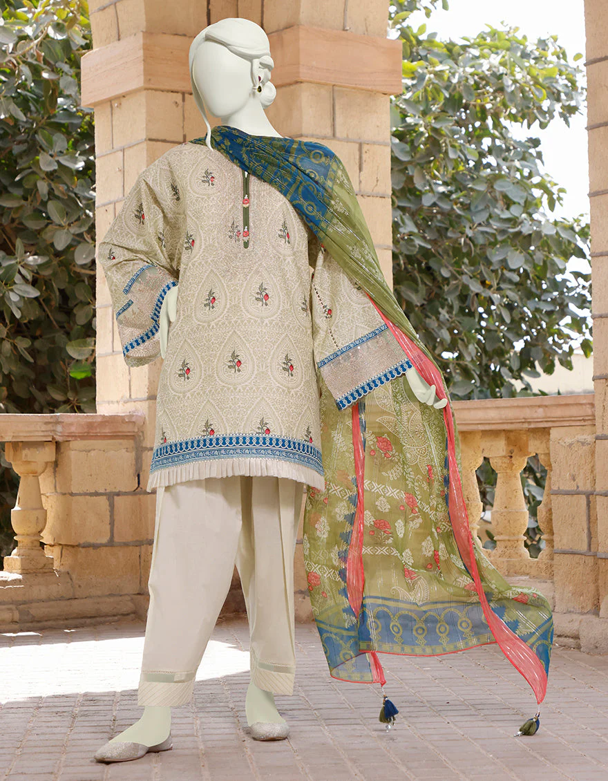 GREEN LAWN 3PC UNSTITCHED | JLAWN-S-US-22-371 INDIAN OLD SCHOOL