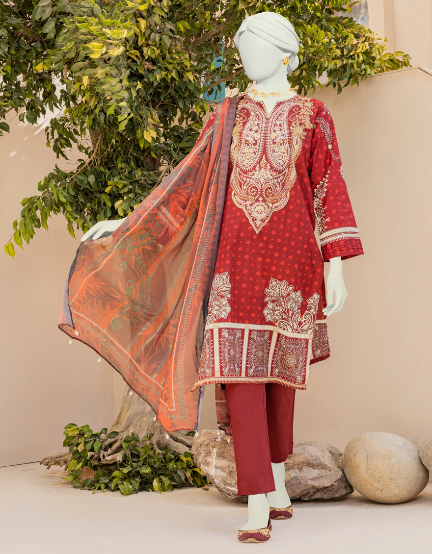 MAROON LAWN 3PC STITCHED | JLAWN-S-US-23-010/S ROUGE