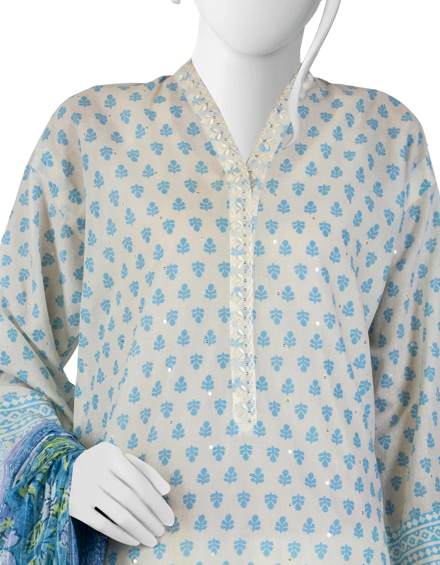 WHITE & BLUE LAWN 3PC UNSTITCHED | JLAWN-S-US-23-197 UWAYAM - Image 3
