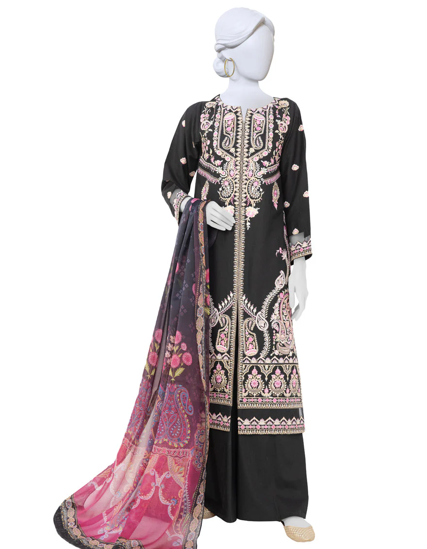BLACK LAWN 3PC STITCHED | JLAWN-S-US-23-250/S VEER MK-66