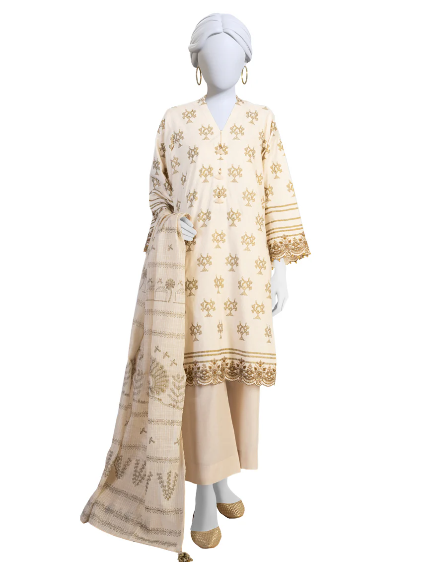 LIGHT BEIGE JACQUARD 3PC UNSTITCHED | JLAWN-S-US-23-282 MADRID