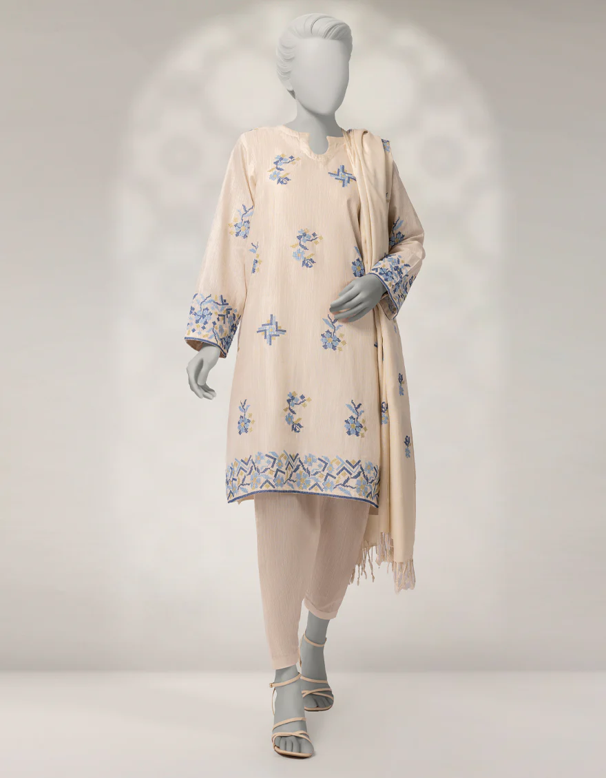 OFF WHITE KHADDAR 3PC STITCHED | JLAWN-W-25-333/S CROSS STICH-1