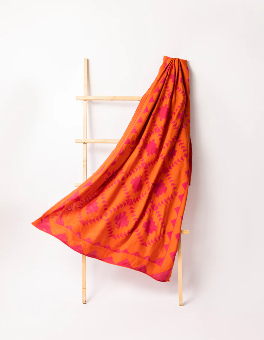 ORANGE JACQUARD SHAWL | JSH-JSHW-25-4903 FB/GEOMETEIC SHAWL-03