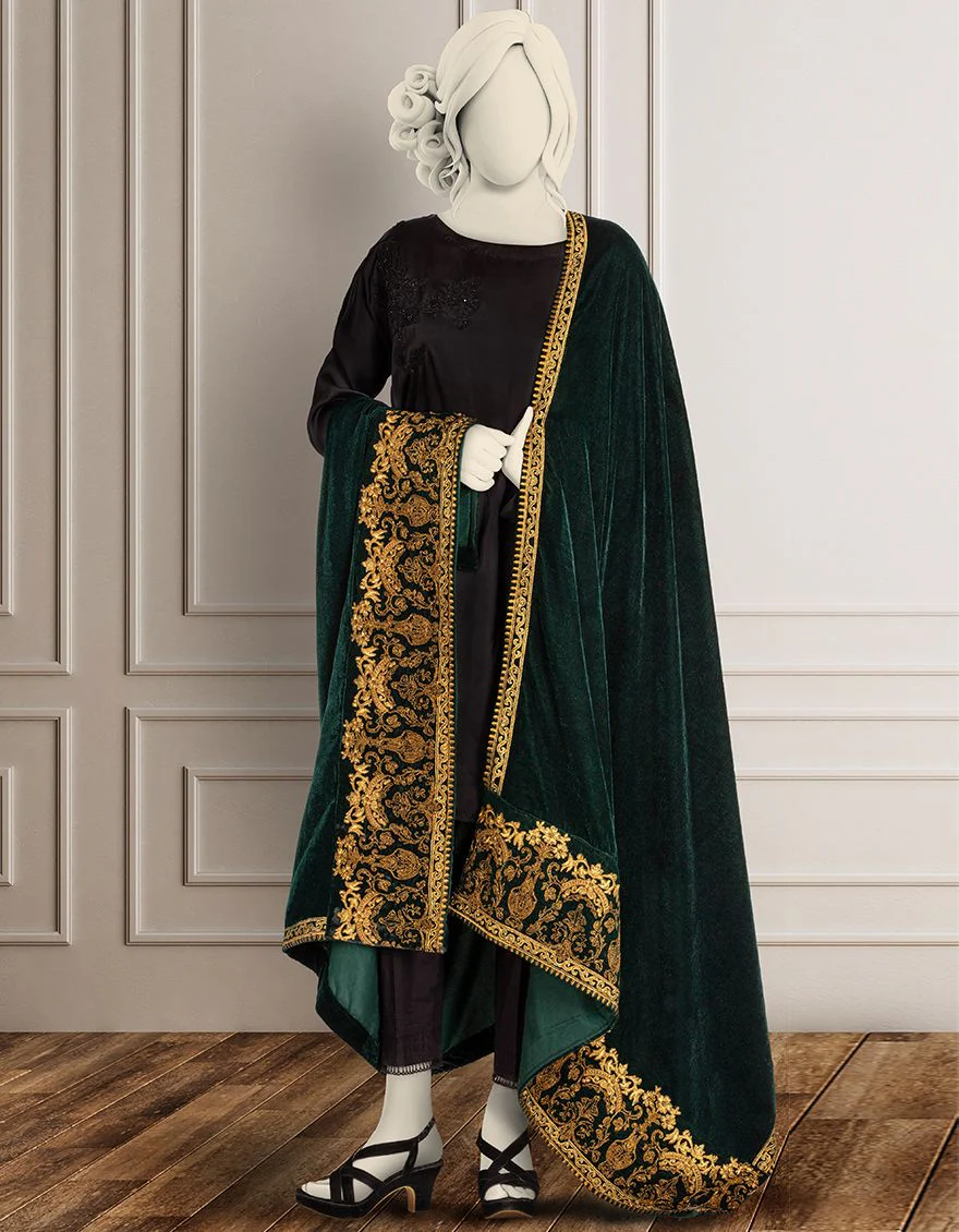 GREEN VELVET SHAWL | JSH-SHW-US-20-220 FB/FF-329