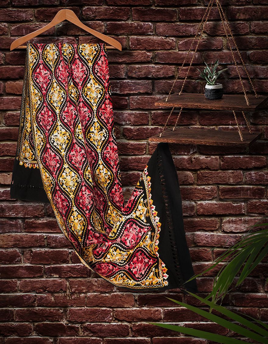 BLACK SHAWL | JSH-SHW-US-21-0028 FB/WOOL THREAD EMB SHAWL