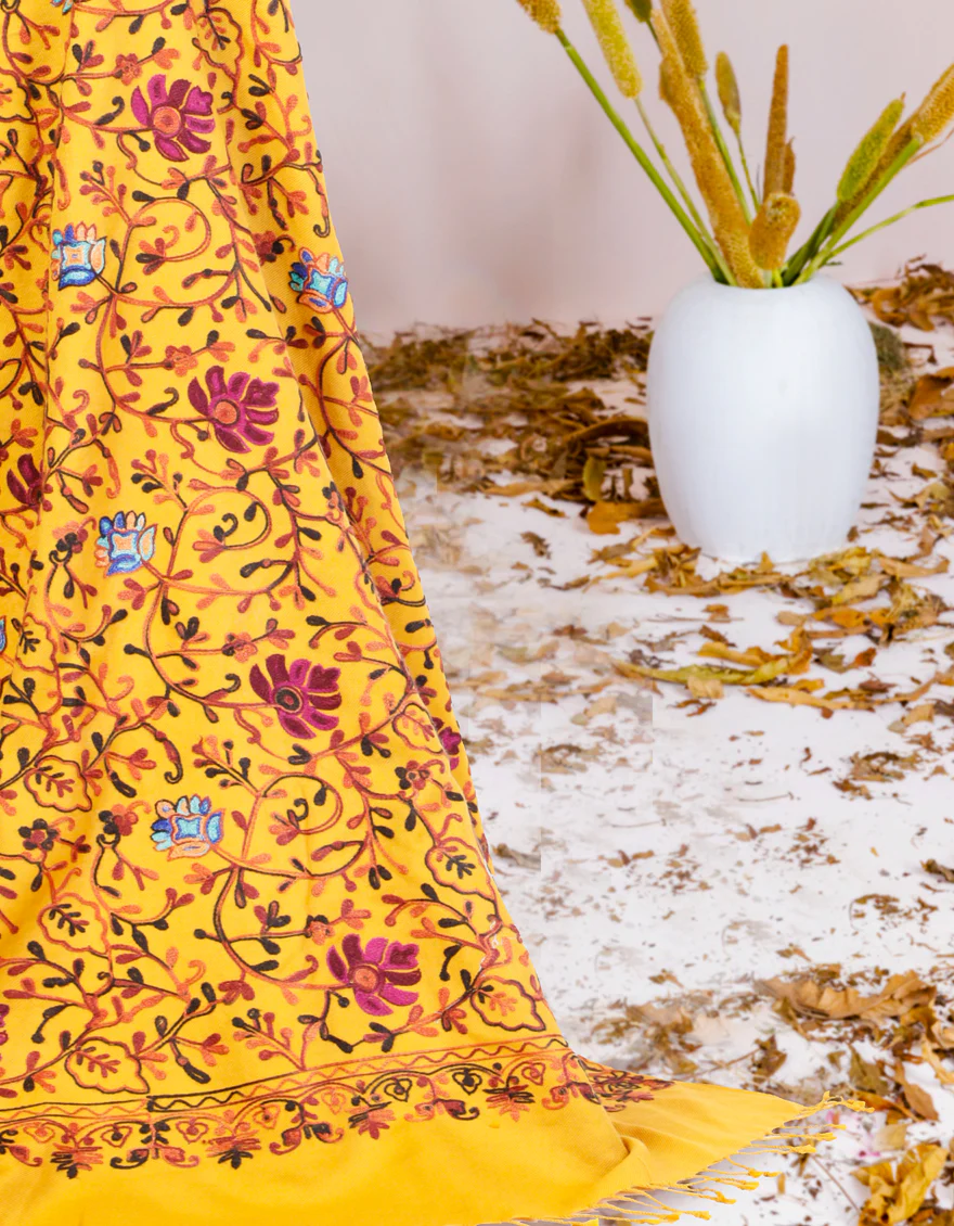 MUSTARD SHAWL | JSH-SHW-US-22-030 FB/STALLER AAARI PHOOL EMB WOOL SHAWL
