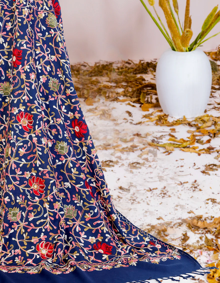 BLUE SHAWL | JSH-SHW-US-22-032 FB/STALLER AAARI PHOOL EMB WOOL SHAWL