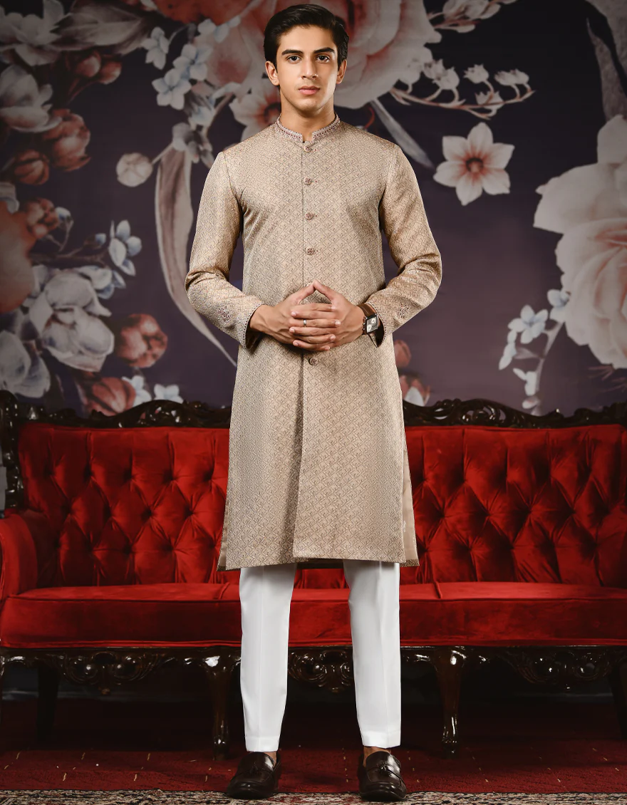 BEIGE JAMAWAR KURTA | JTK-SP-US-35893/S22/JJ8201-FL