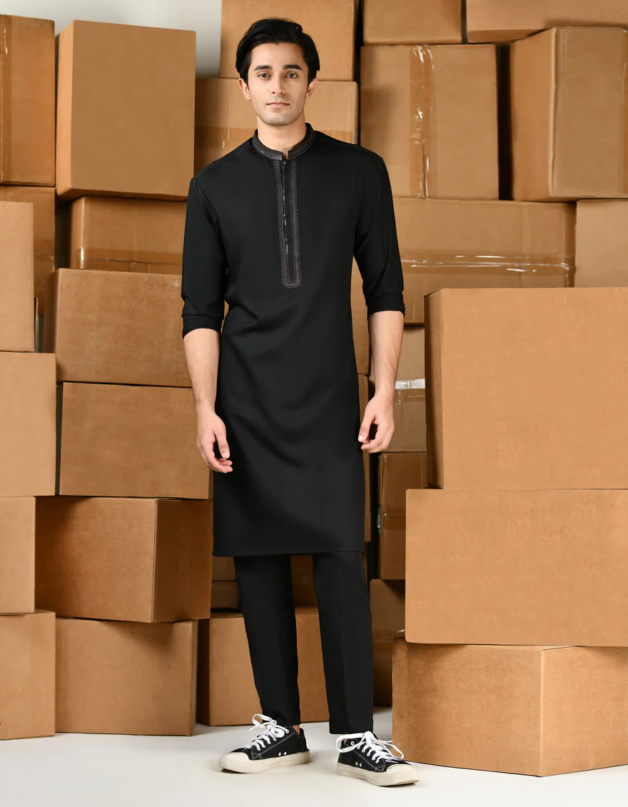 BLACK BLENDED KURTA TROUSERS | JTKP-S-39143/S24/JJ9420-FL