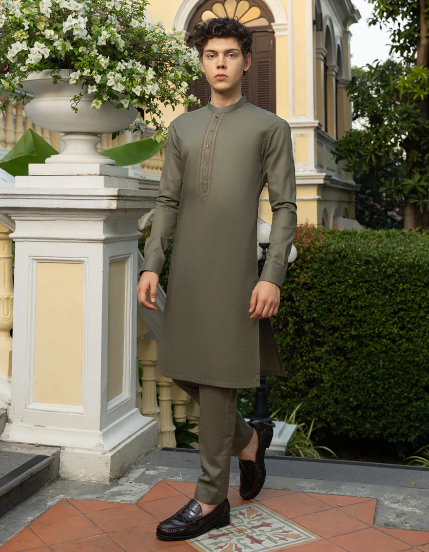 OLIVE COTTON KURTA TROUSERS | JTKP-S-US-38748/S23/JJ8805-SF